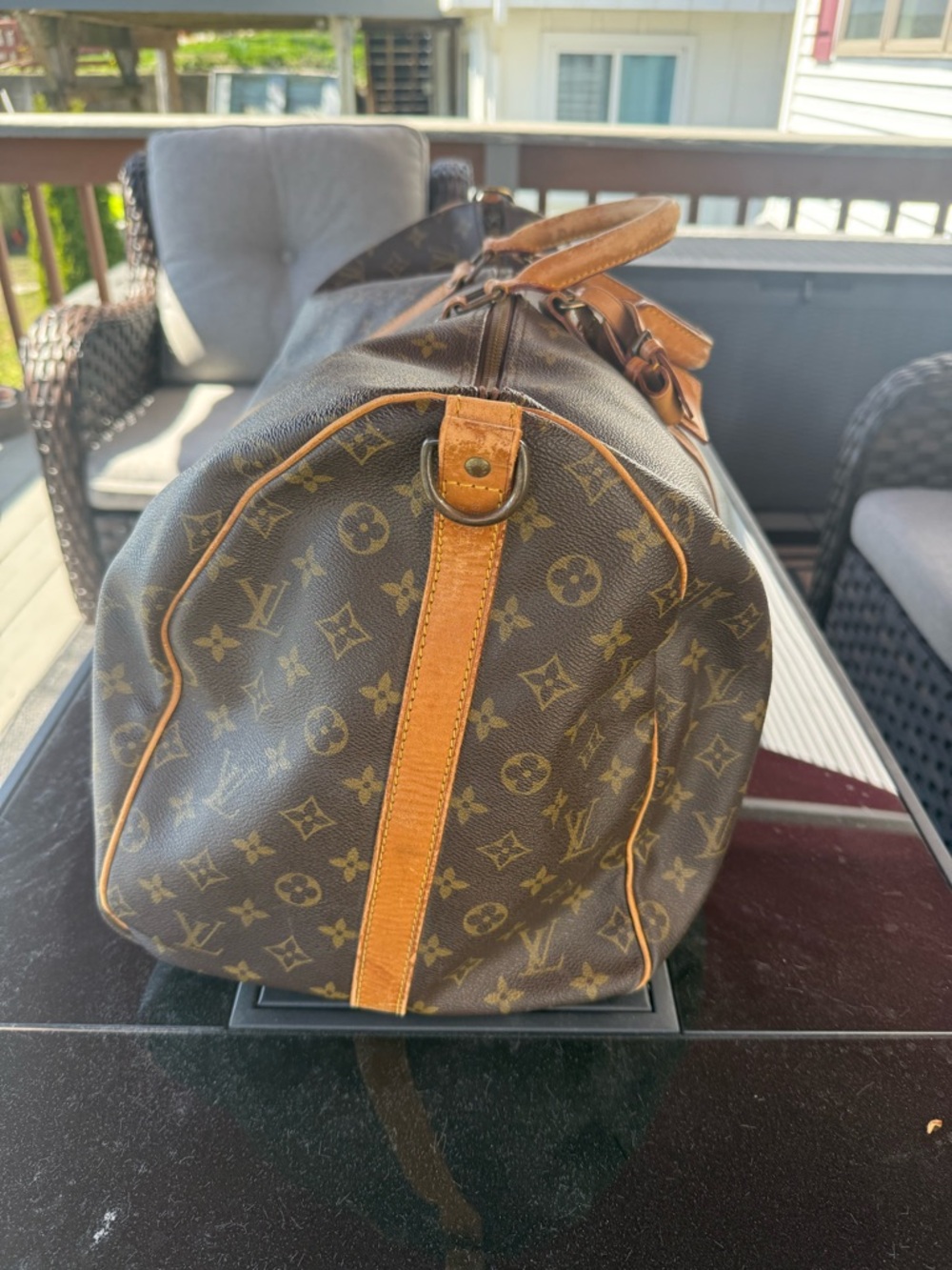 Louis Vuitton Monogram Canvas Travel Duffel with Tan Leather Trim - Picture 7 of 9